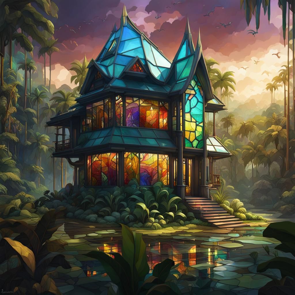 Stained Glass Jungle House in Detailed Matte Painting