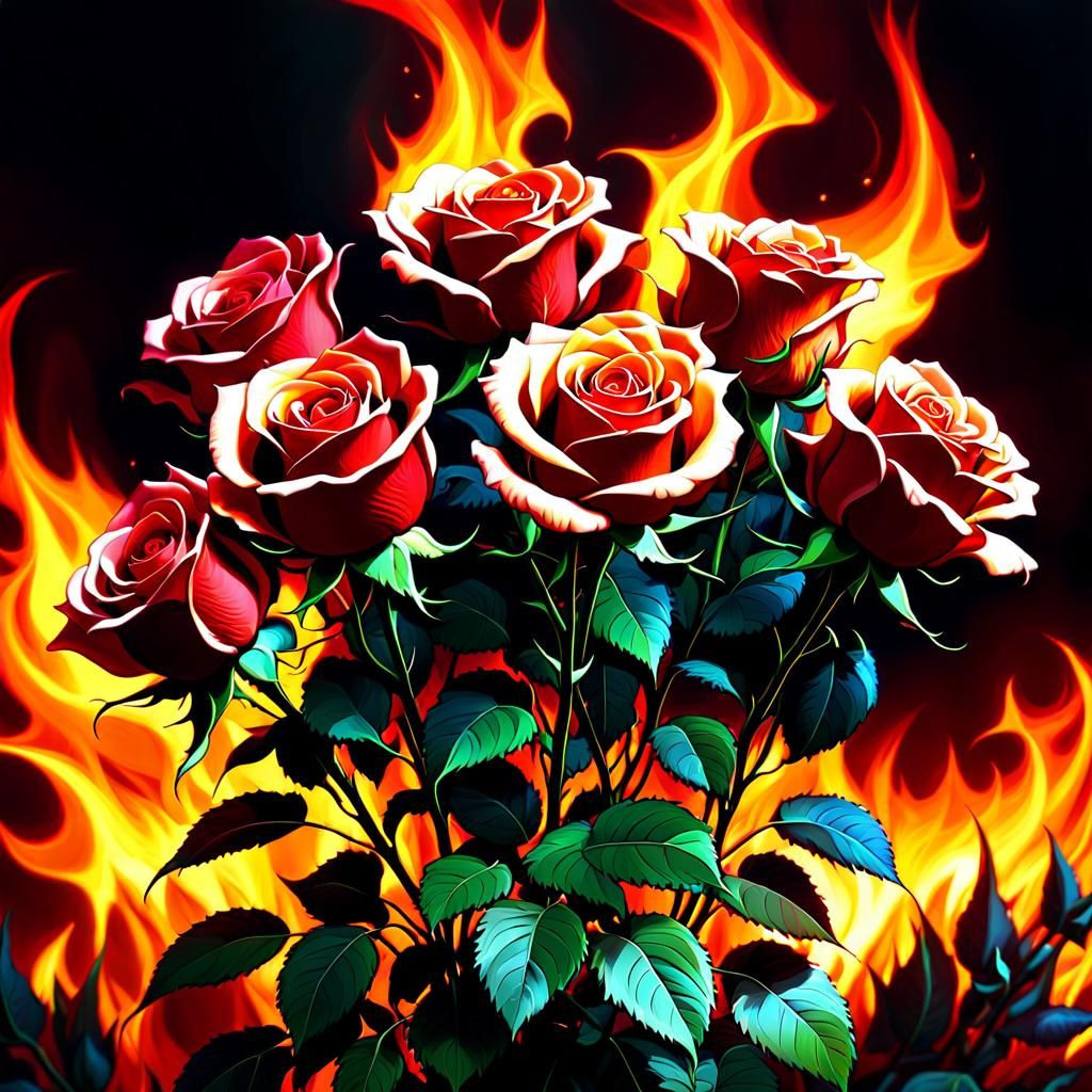 Roses In Bloom On Fire
