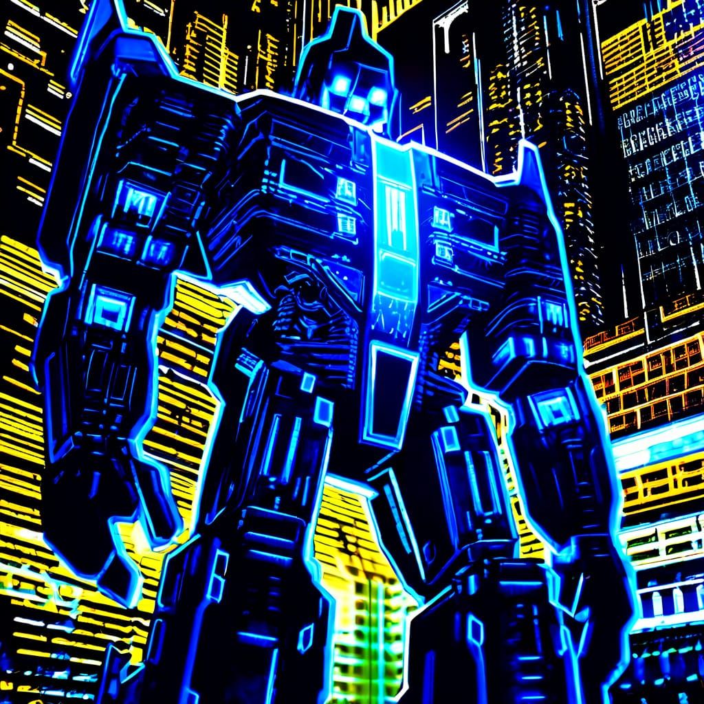 Cyberpunk Transformer in Neon-Lit Urban Landscape
