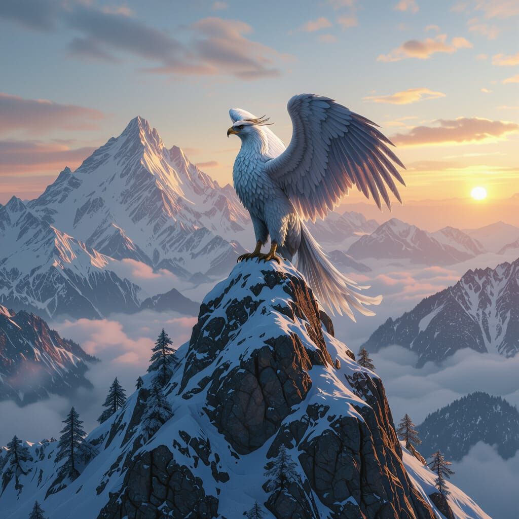 Griffin Overlooking Misty Valley in Hyperrealistic Style