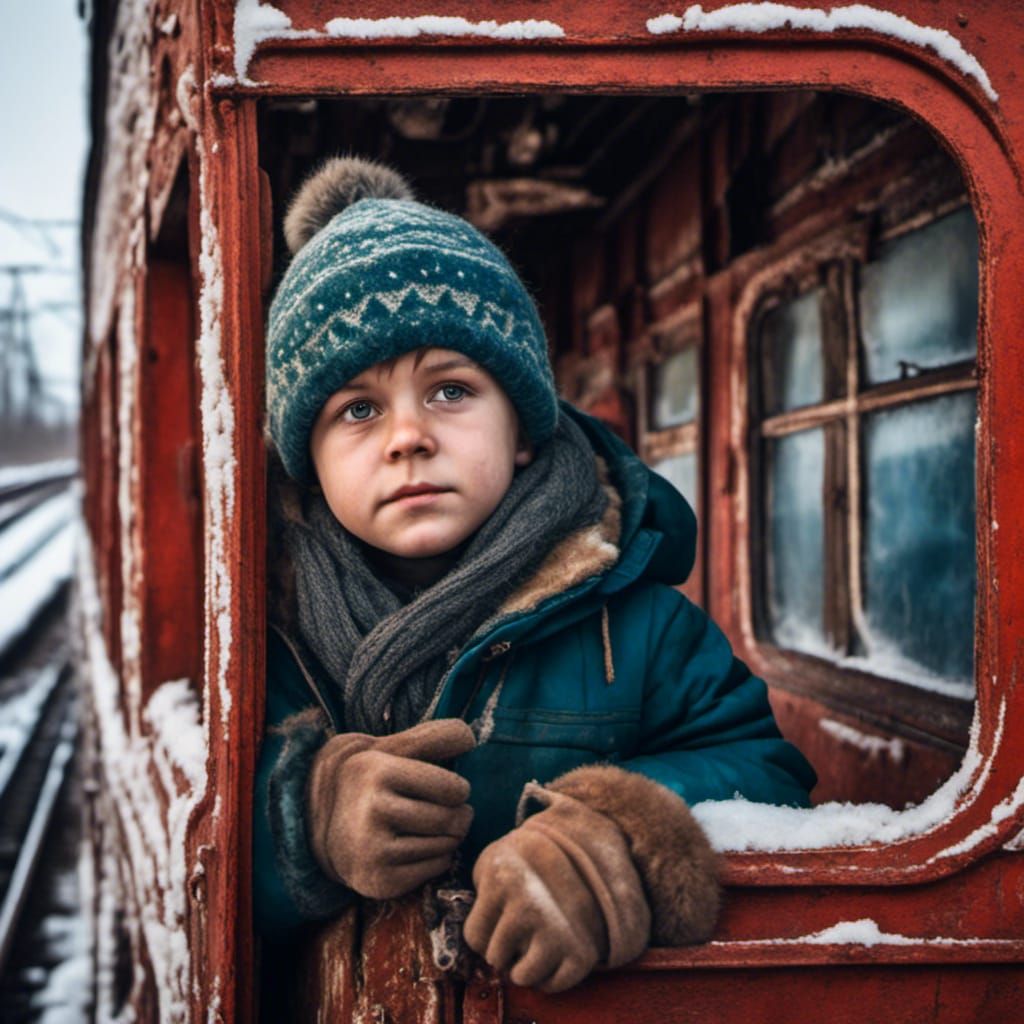 Young Boy Gazing at Snowy Soviet City