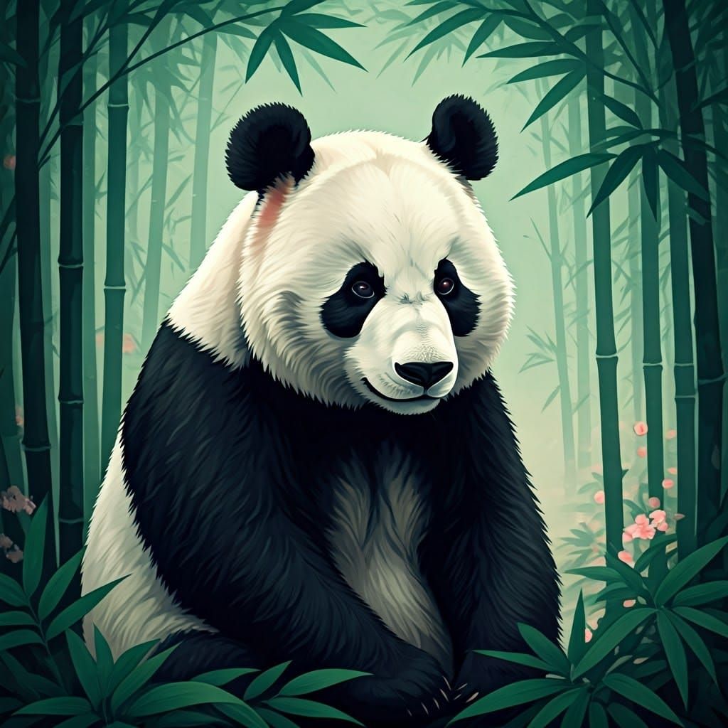 Panda in Bamboo, Ukiyo-e Watercolor Style