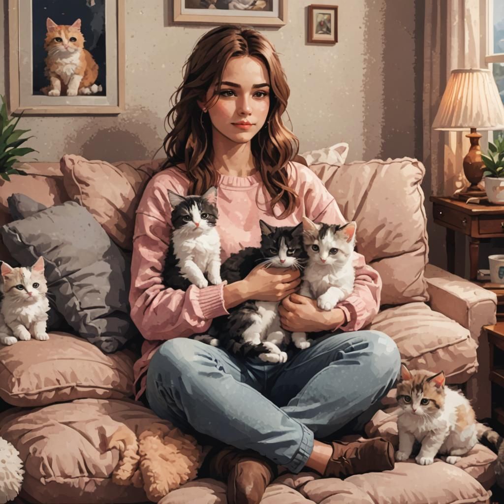 Cozy Pixel Art: Woman with Kittens on Sofa