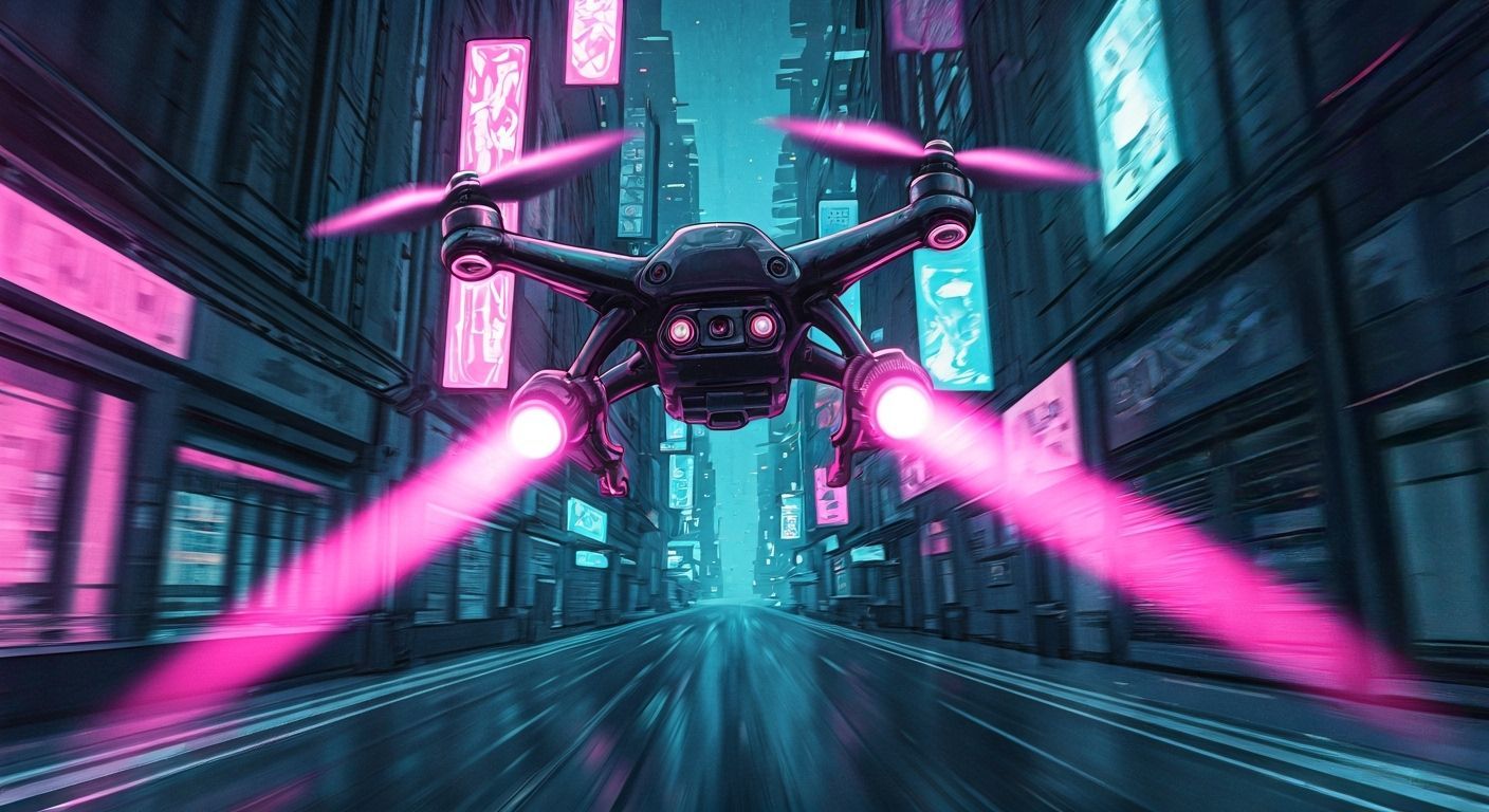 Cyberpunk Drone in Chaotic Cityscape Graphic Novel