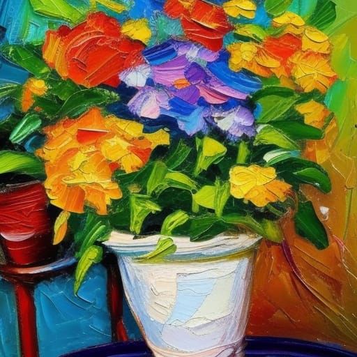 Colorful Flowers in Pot, Neo-Impressionist Style