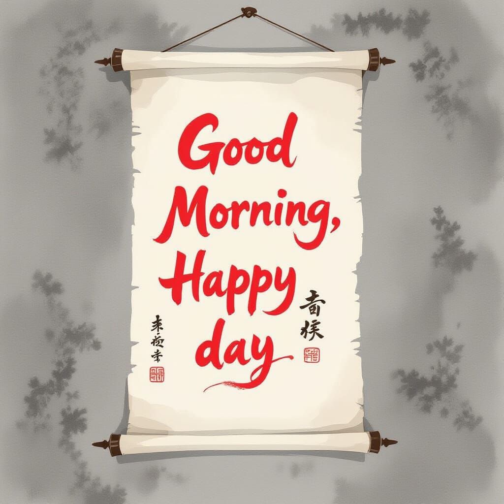 Chinese Calligraphy: Good Morning, Happy Day in Red Ink