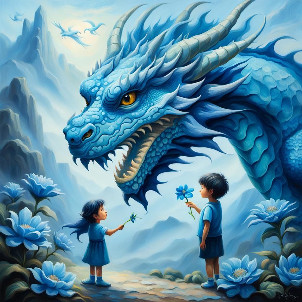 Blue Dragon Offers Flower in Surreal Oil Painting