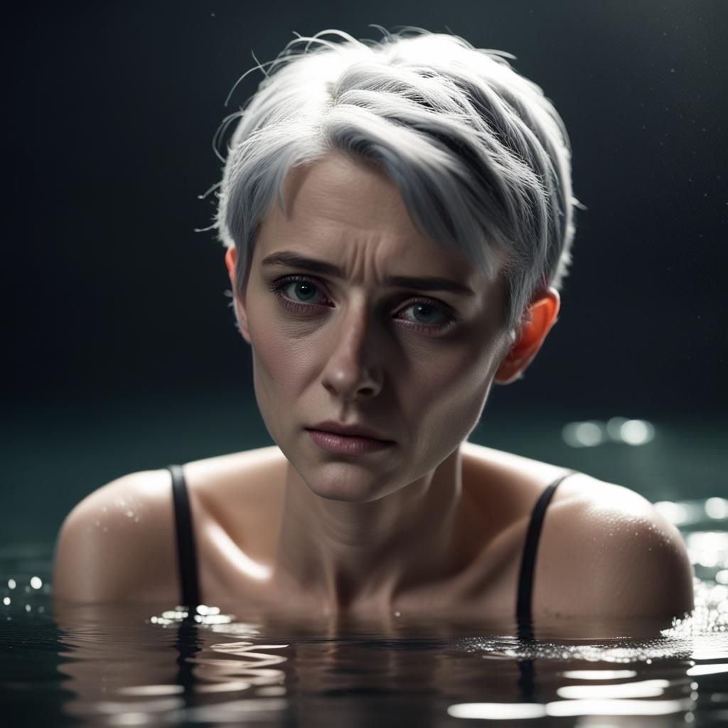 Sorrowful Grey-Haired Woman Drowning in Depression