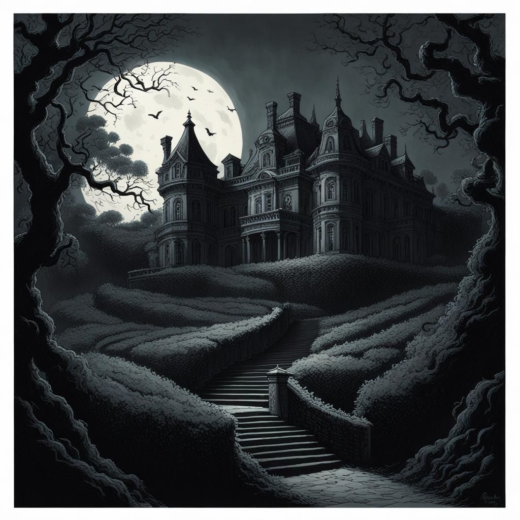 Spooky Mansion and Maze in Dark Fantasy Style