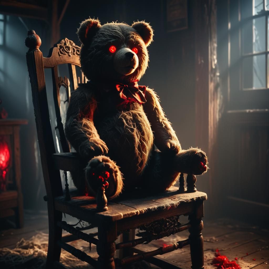 Haunted Teddy Bear with Glowing Eyes in Haunted House