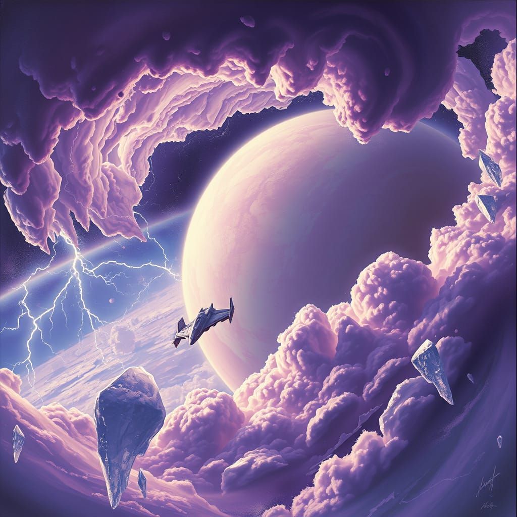 Spaceship Over Gas Giant in Airbrush Art Style