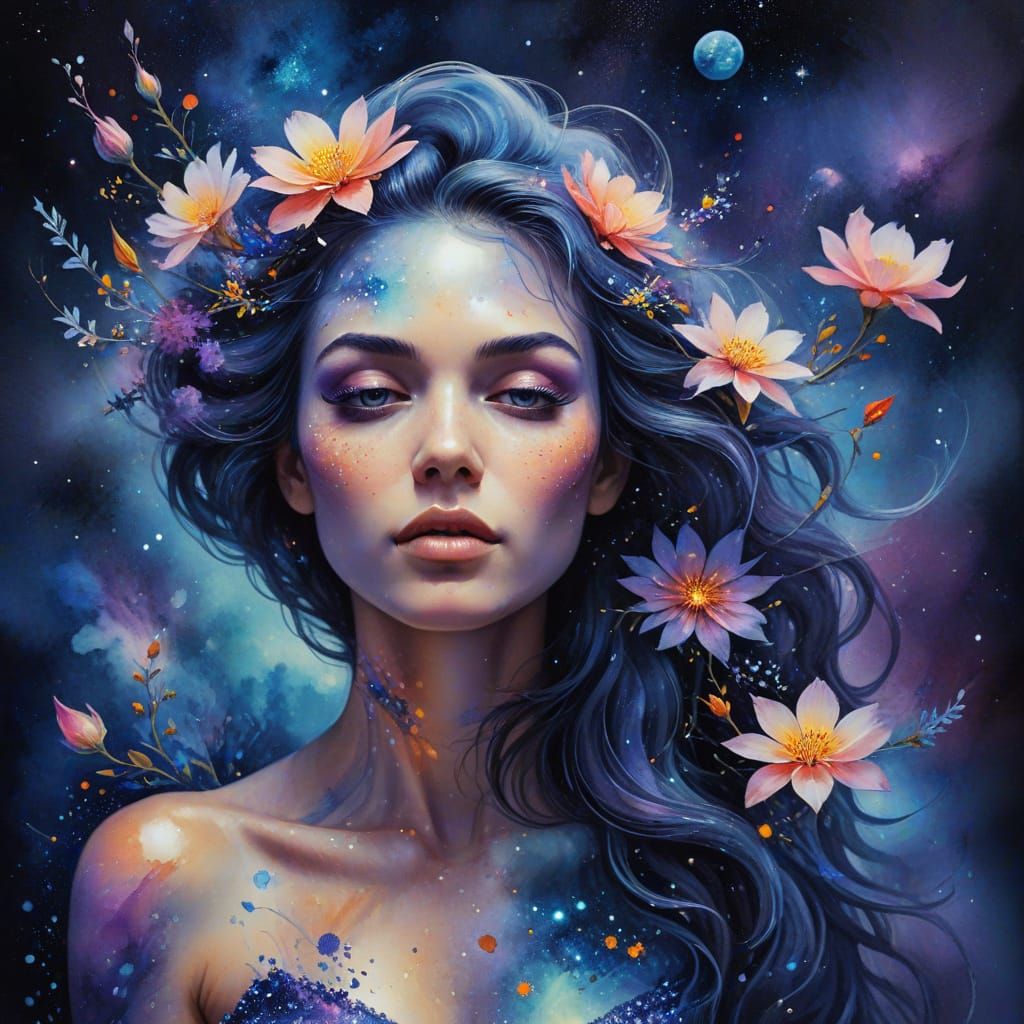 Ethereal Woman Surrounded by Cosmic Flowers in Watercolor