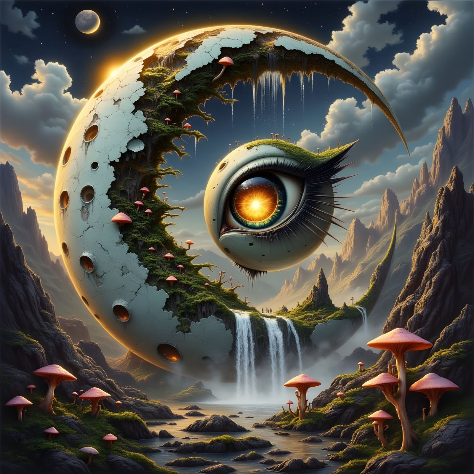 Surreal Moon Eye in Mossy Mountain Valley