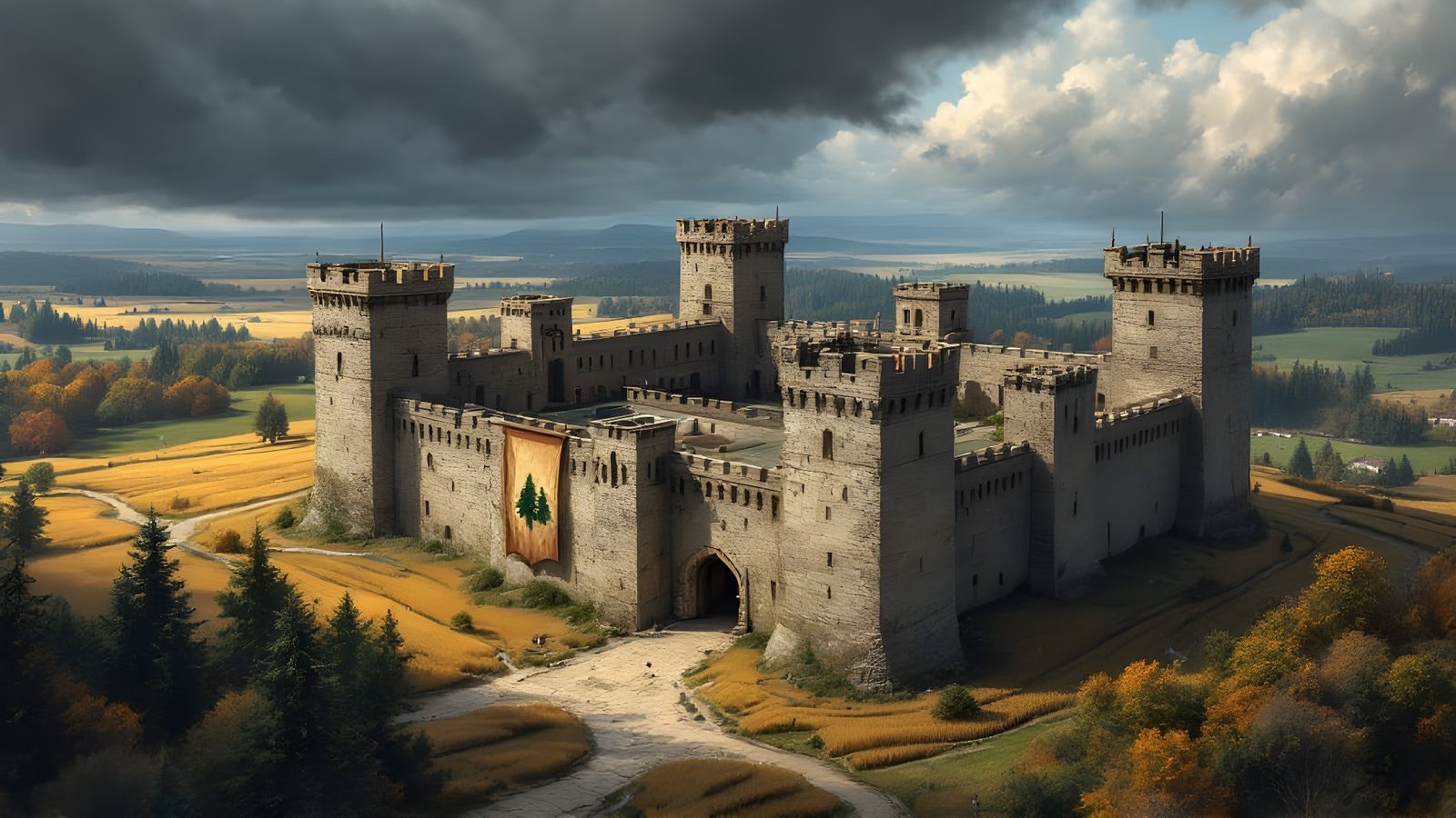 Medieval Castle in Autumnal Fields