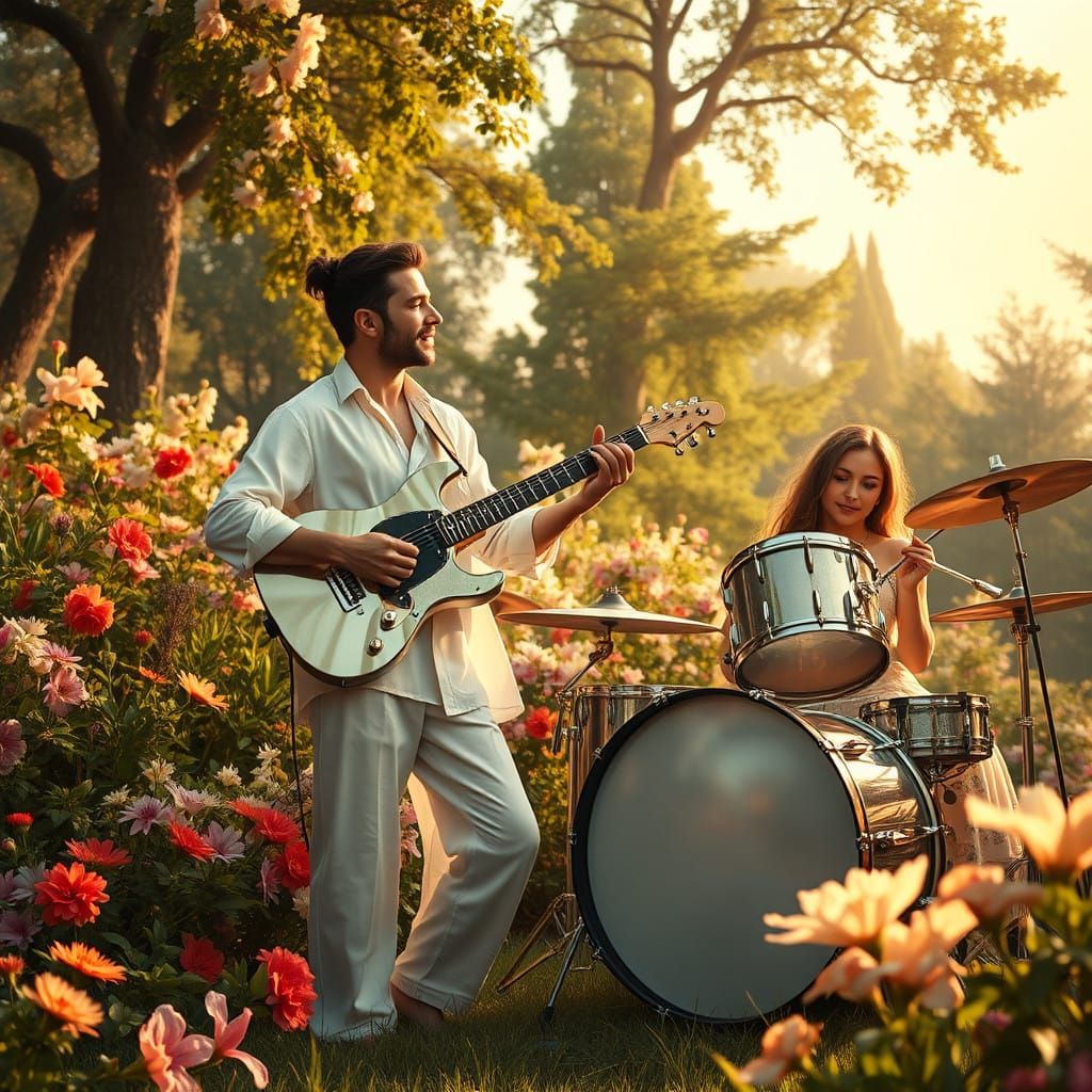 Adam and Eve in a Vibrant Garden Paradise, Pre-Raphaelite Ar...