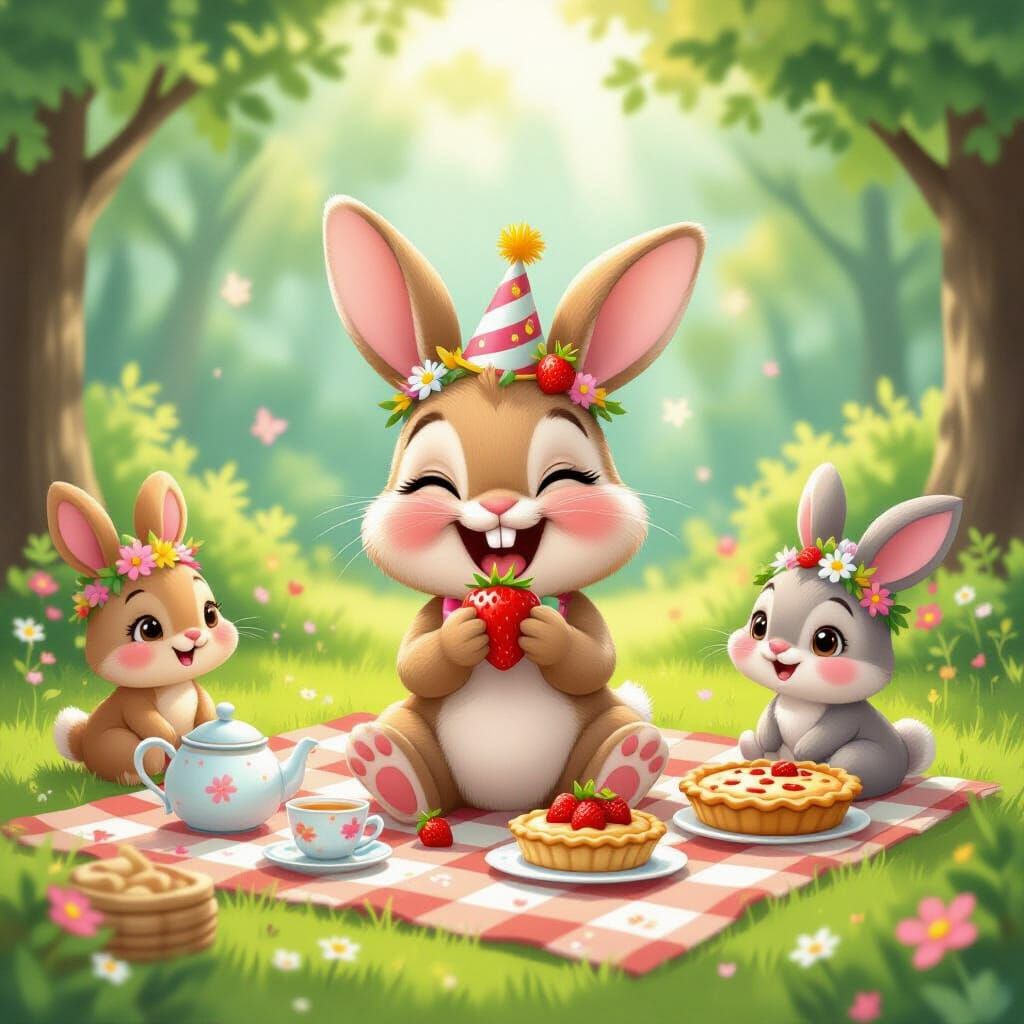 Cartoon Bunny's Joyful Picnic in Pastel Colors