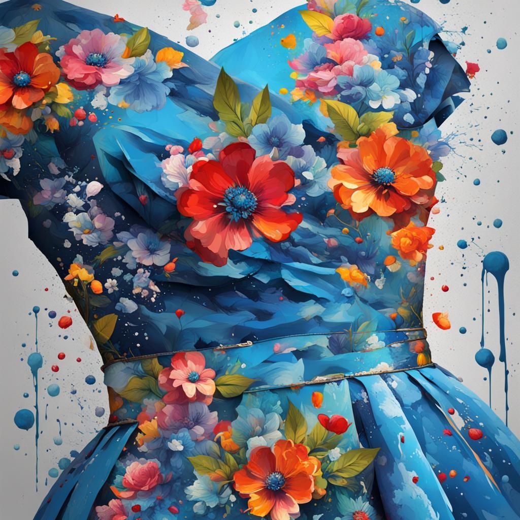 1950s Blue Floral Cocktail Dress in Graffiti Art