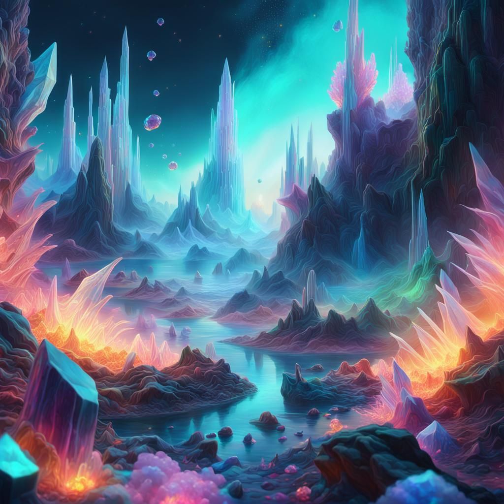 Crystals and Life Forms in Vibrant Oil Painting