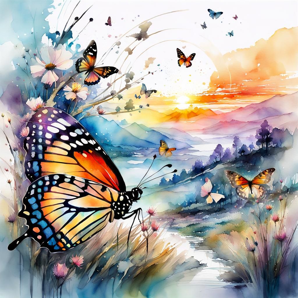 Spring Butterflies in a Watercolor Fantasy Sunrise