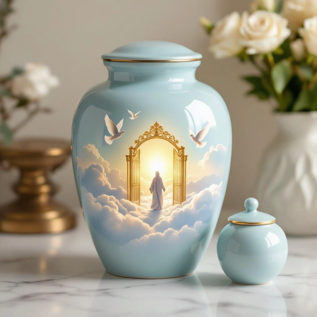 Sky-Blue Urn with Peaceful Heaven Scene Sticker
