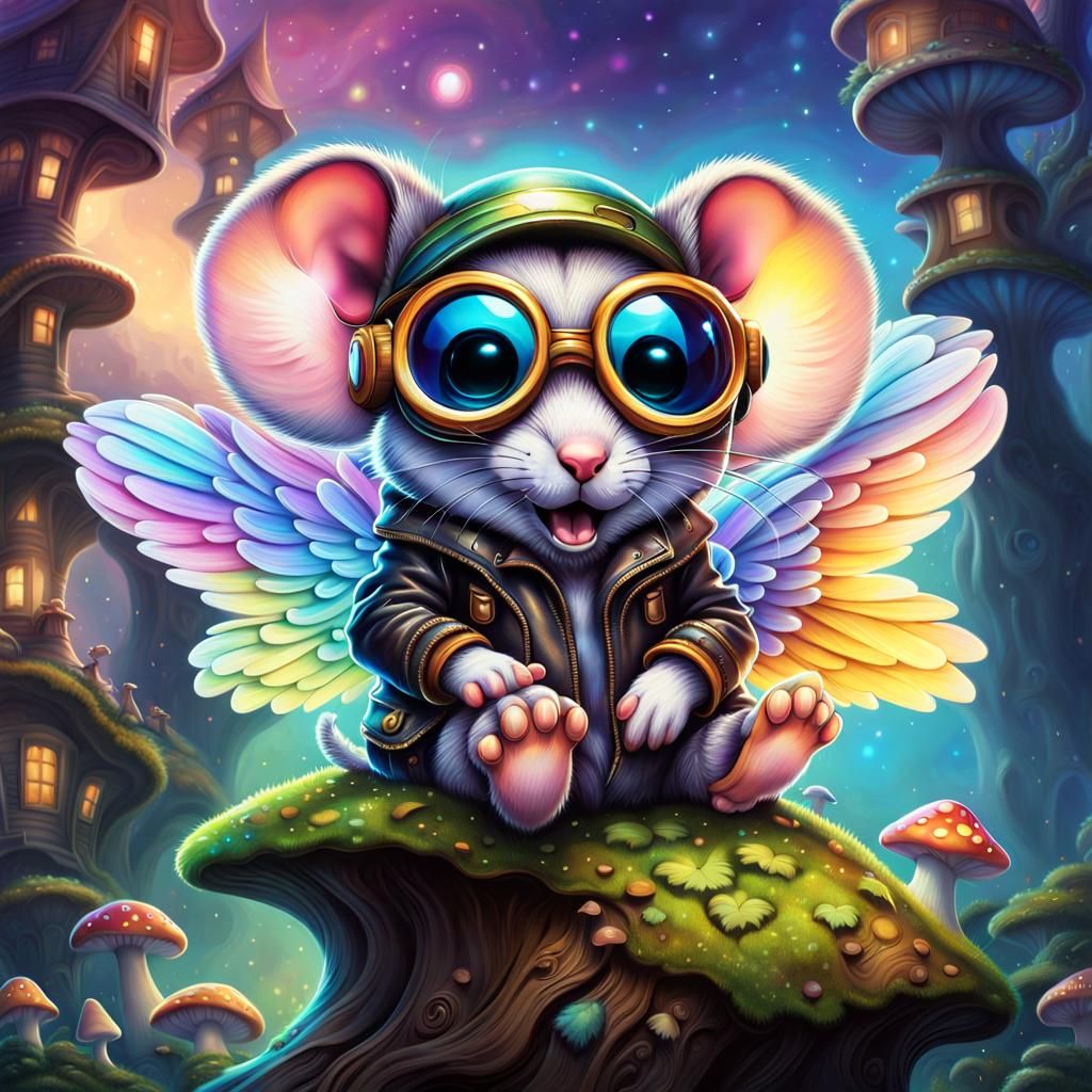 Mouse Pilot Soaring Over Mushroom Village