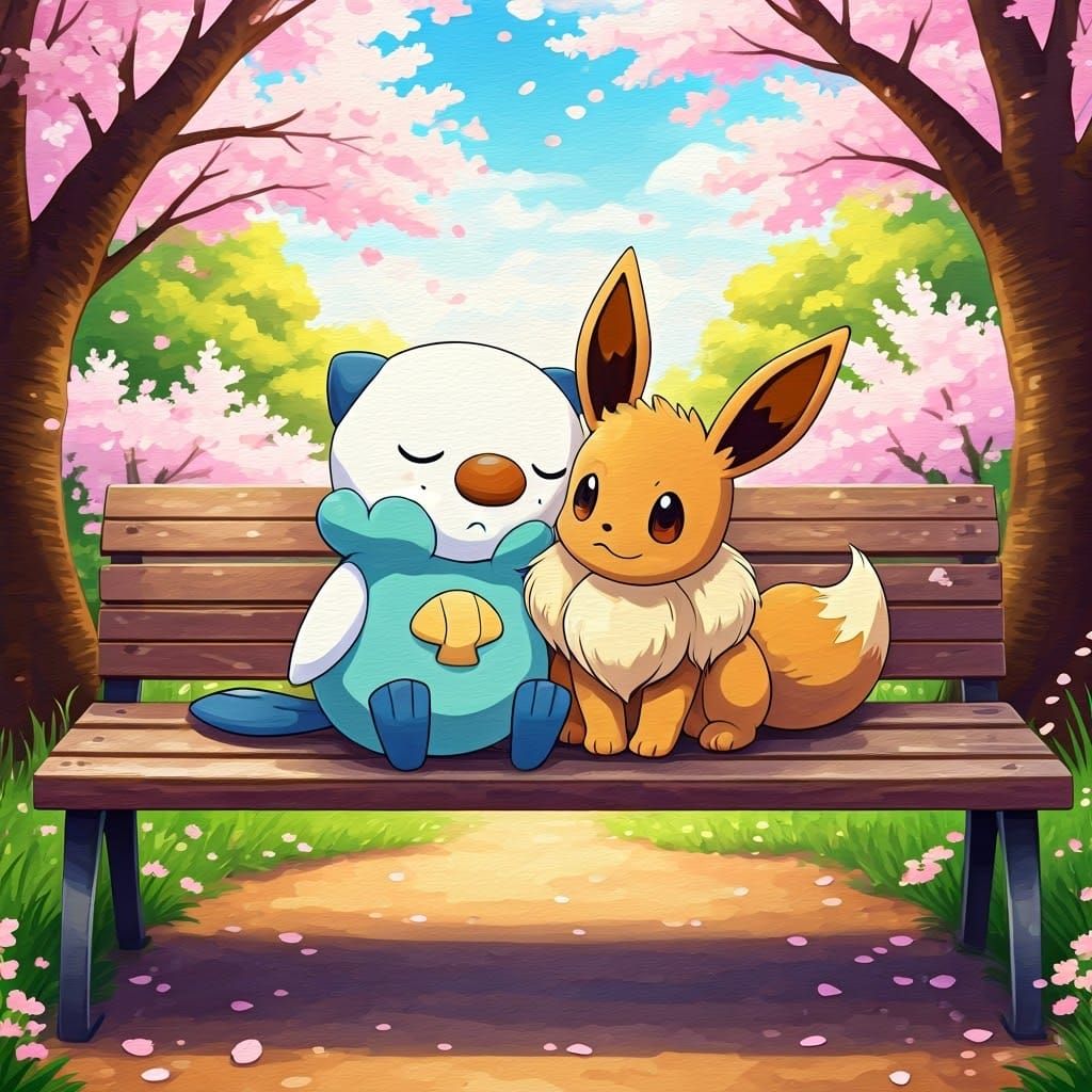 Peaceful Oshawott and Eevee Friendship in a Japanese Waterco...