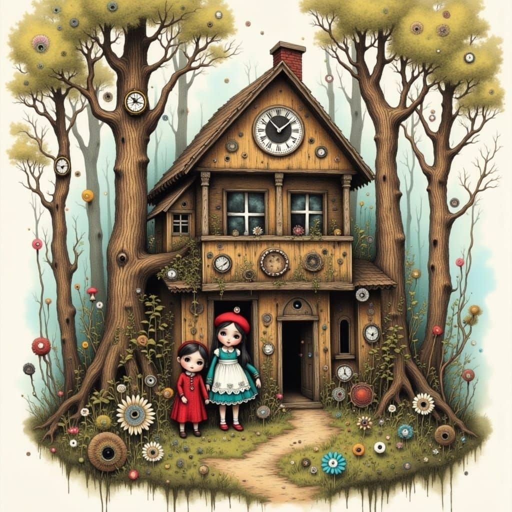 Hansel and Gretel Watercolor with Surreal Clock Trees