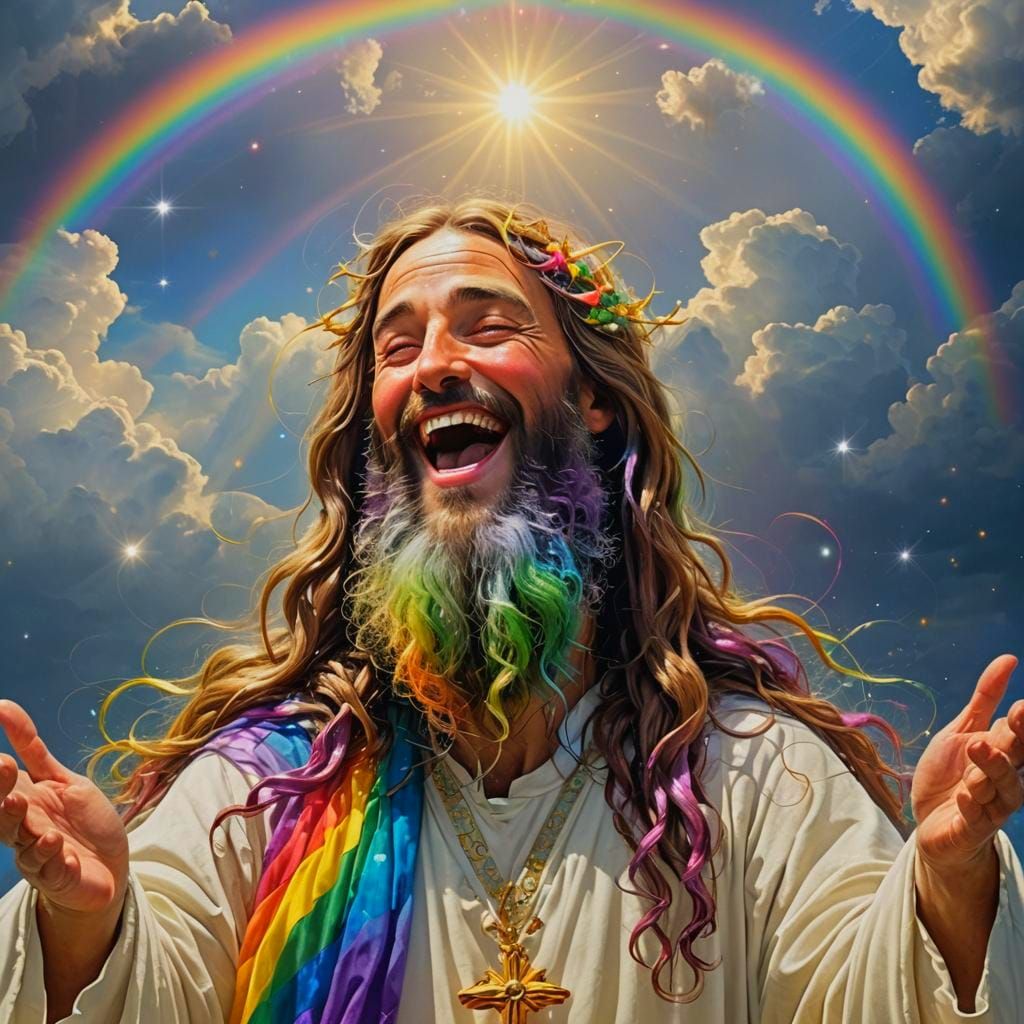 Laughing Jesus with Rainbow Beard in Divine Scene