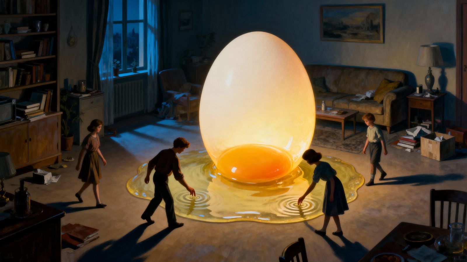 Surreal Glowing Egg in Apartment Living Room