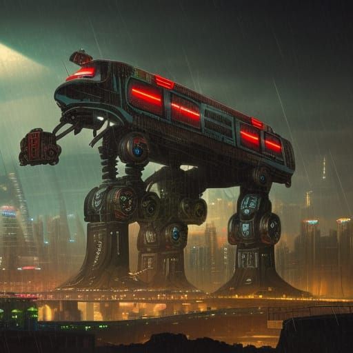 Cyberpunk Robot Landscape with Monorail and Train Track