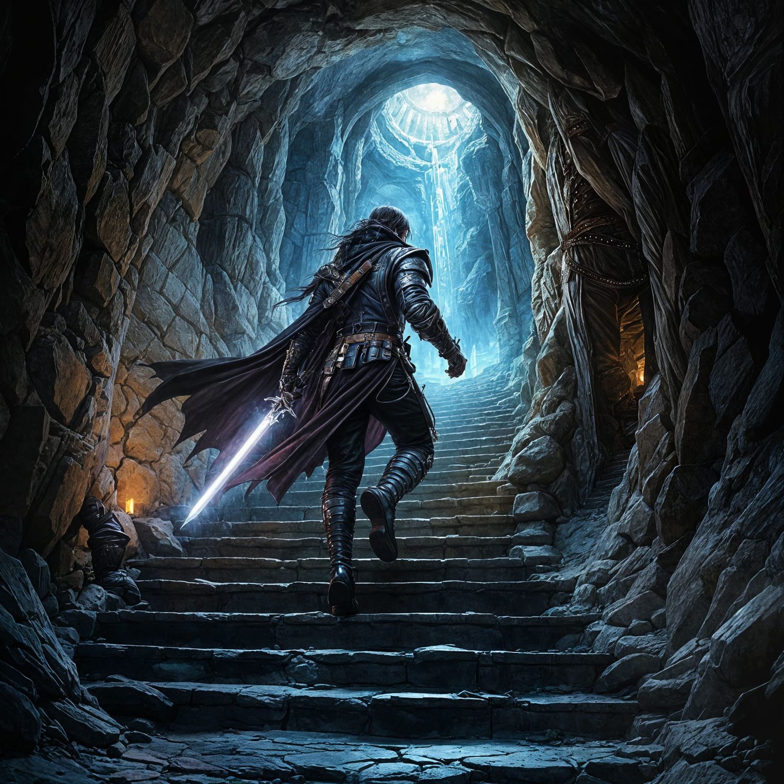 Adventurer Descends into Crypt with Glowing Sword