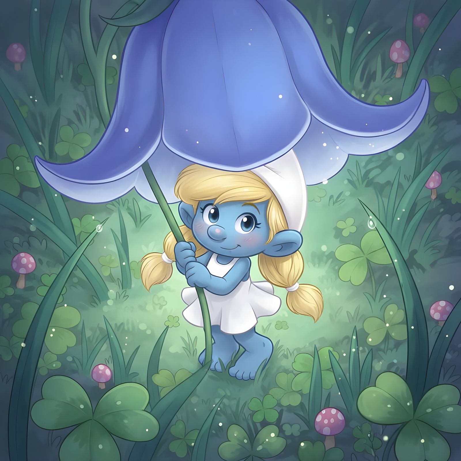 Smurfette Hiding Under Flower, Anime Style
