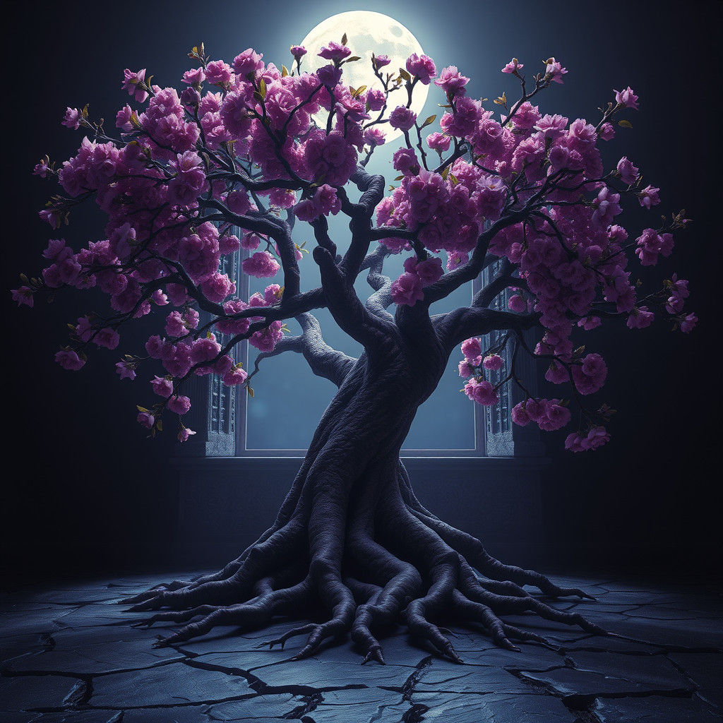 Majestic Plum Tree's Anguish in High-Fantasy Style