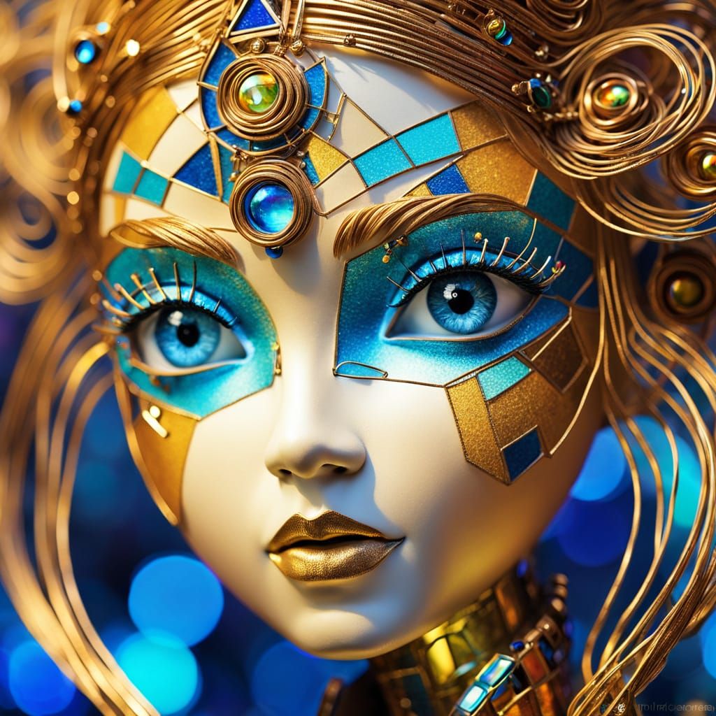 Futuristic Golden Doll with Geometric Makeup in Cubism Style