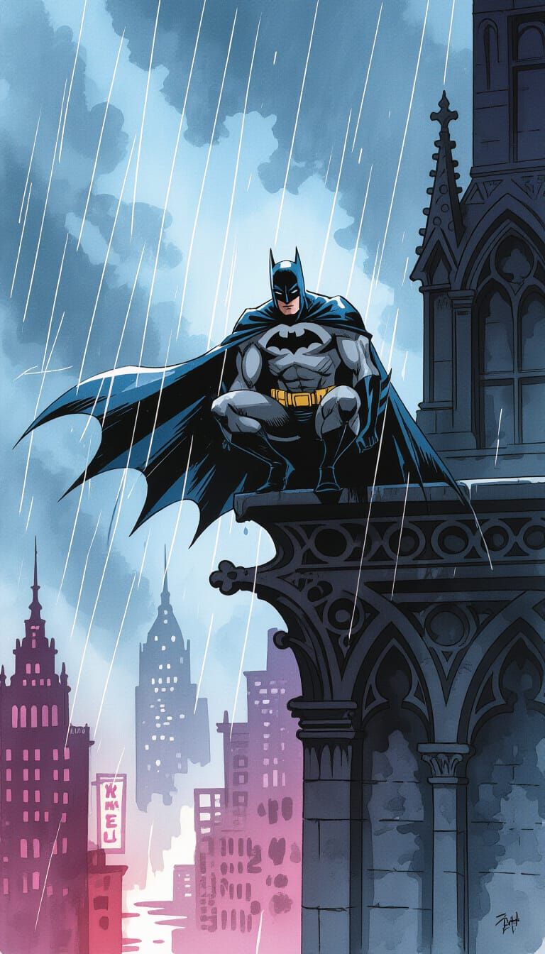 Batman on Gothic Gargoyle in Watercolor Style