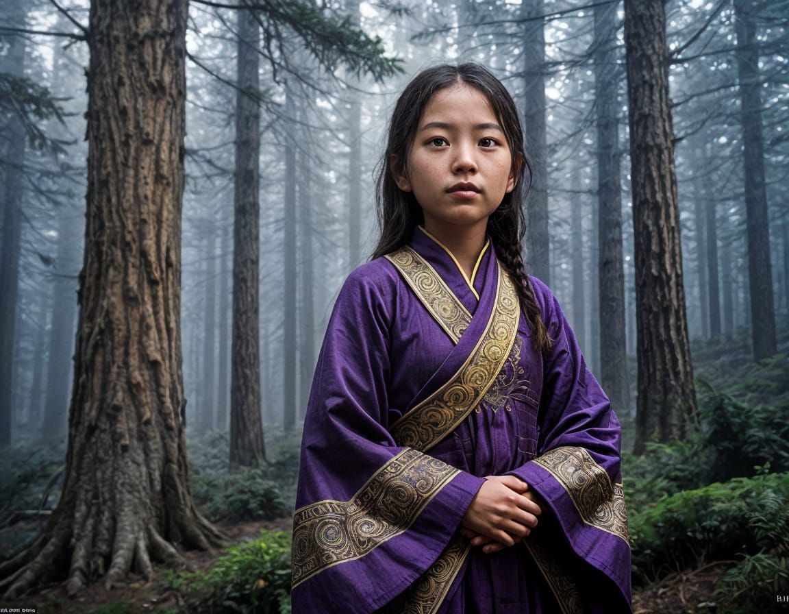 Dreamlike Portrait of Tibetan Girl in Forest