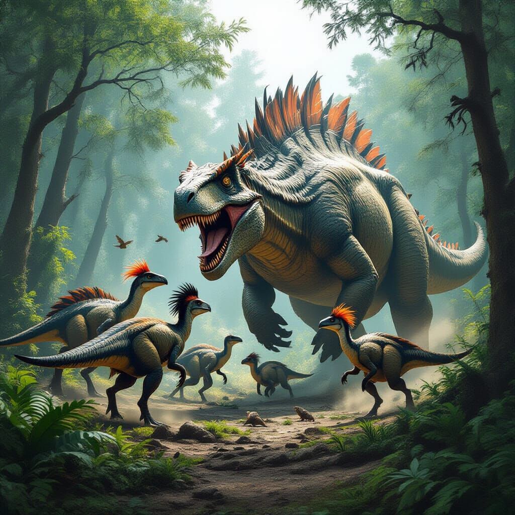 Deinonychus Pack Attacks Hadrosaurus in Lush Forest