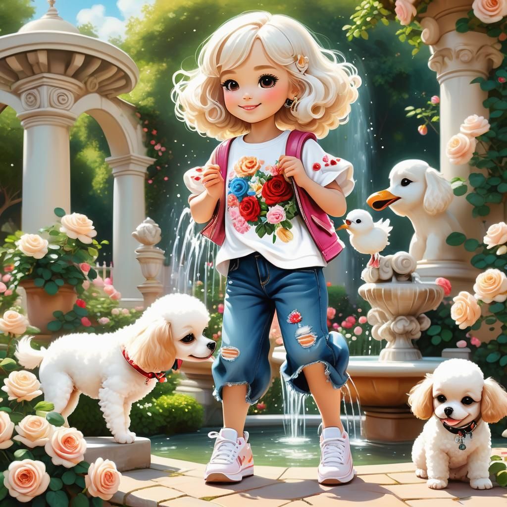 Girl, Poodle, and Bird in Lush Rose Garden