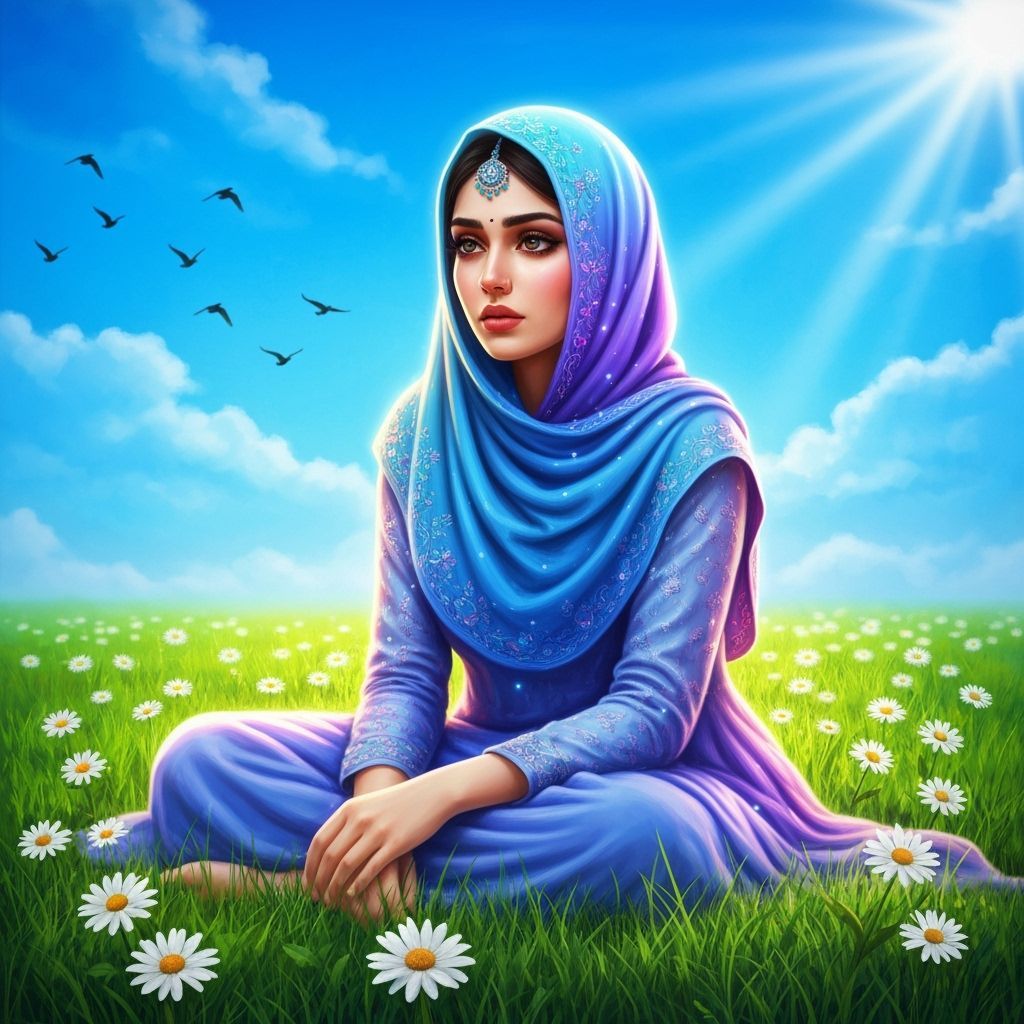 Indian Woman in Ombre Hijab, Digital Oil Painting