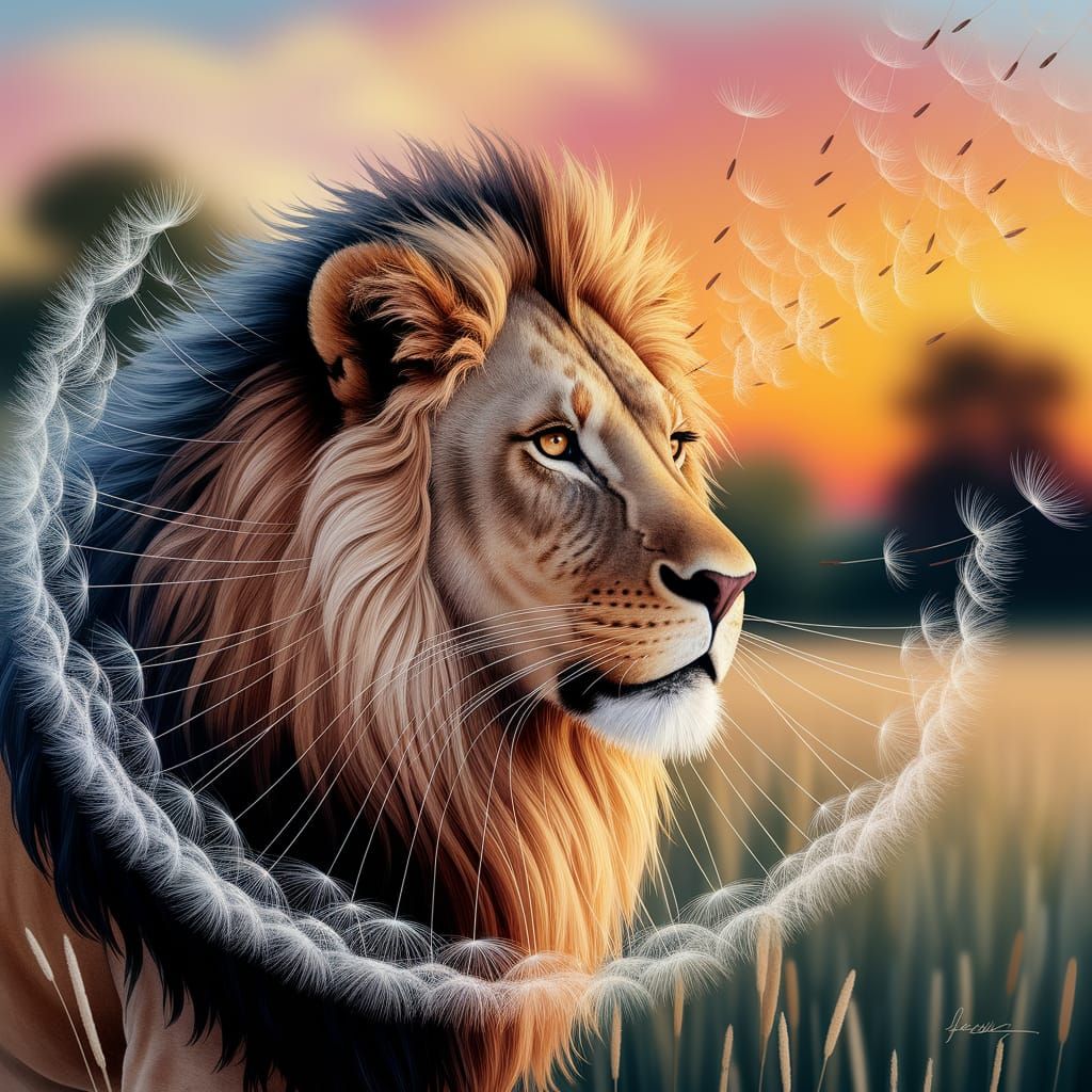Lion in Dandelion Seed Head, Watercolour Sunset