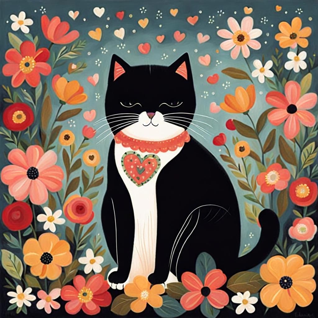 Charming Folk Art Cat with Flowers and Heart Lights