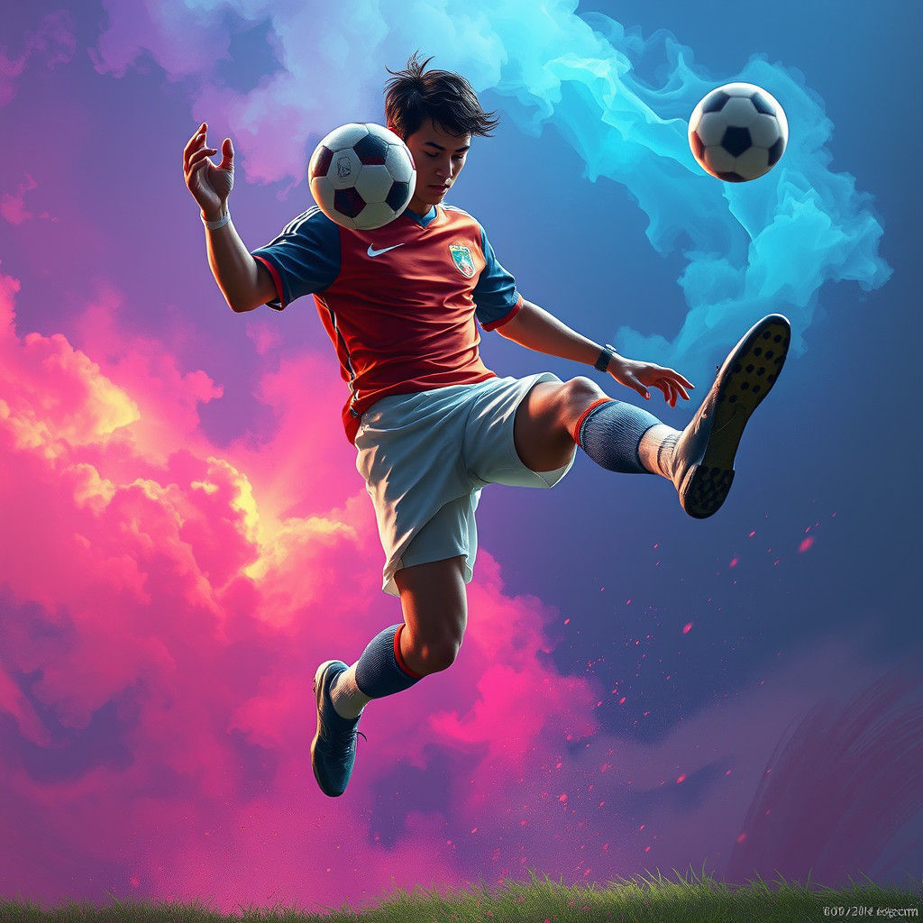 Football Player Juggling in a Fantastical Landscape