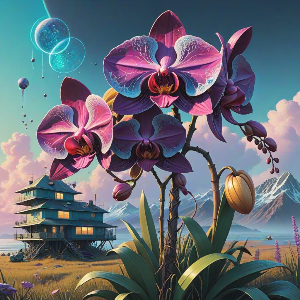 Surreal Holographic Orchid Fields in Vibrant, Swirling Patte...