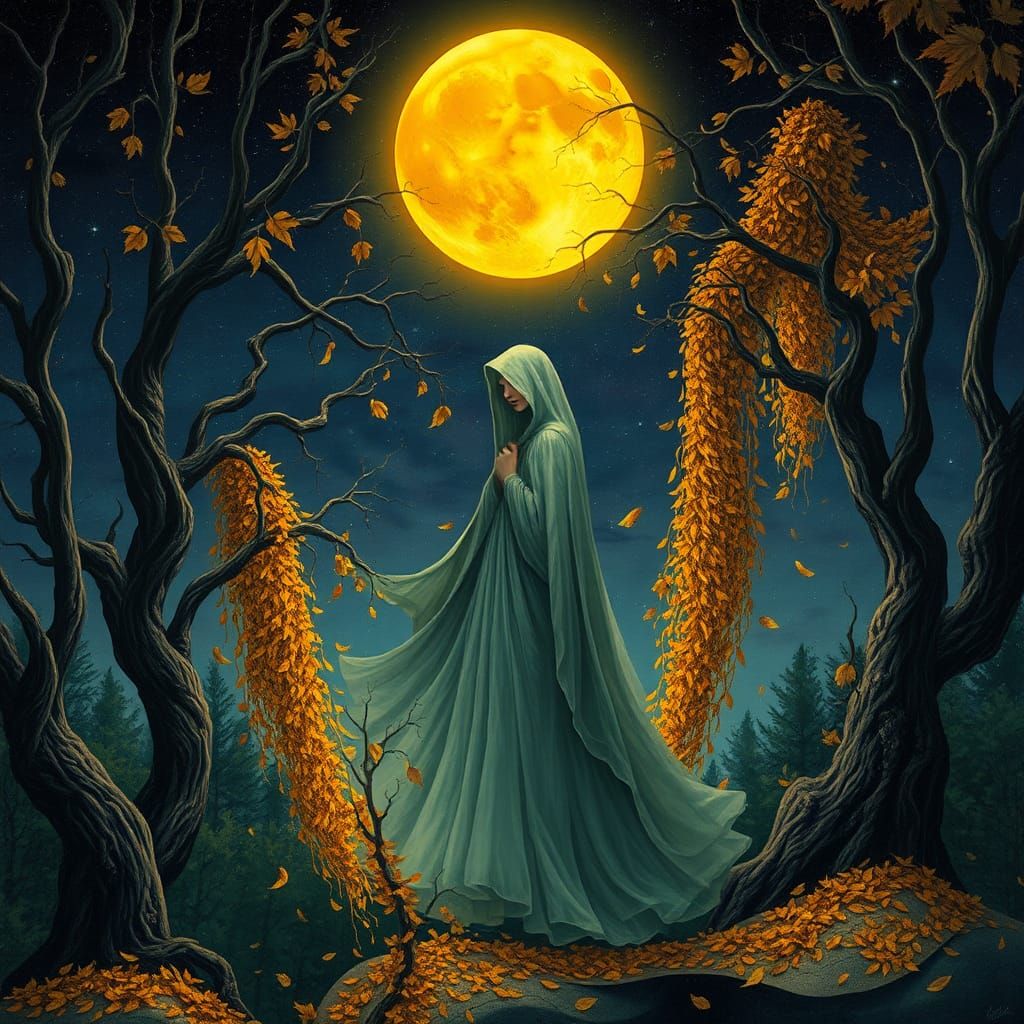 Ethereal Woman Under Harvest Moon in Dreamlike Landscape