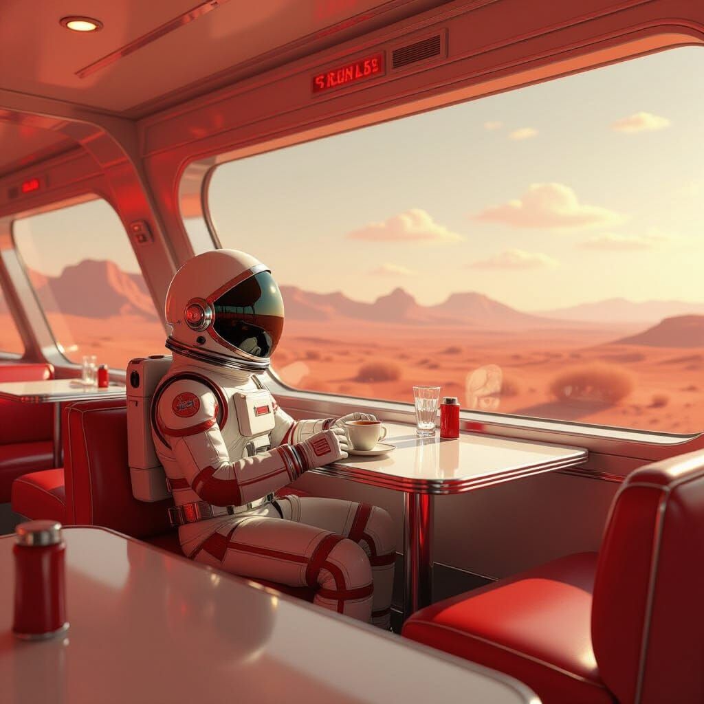 Retro-Futuristic Diner on Mars in Pixar Style