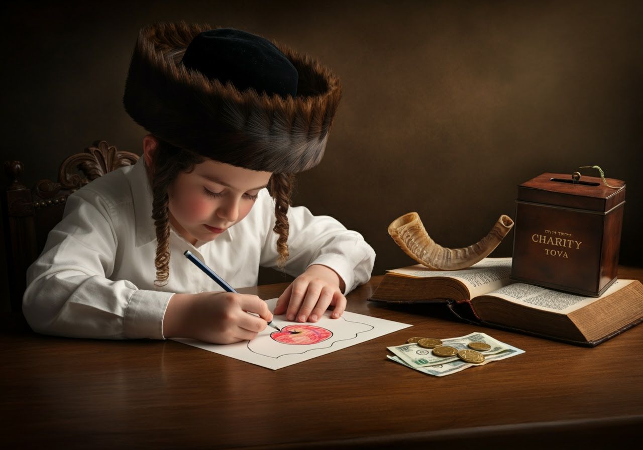 Hasidic Boy Decorates Rosh Hashanah Card