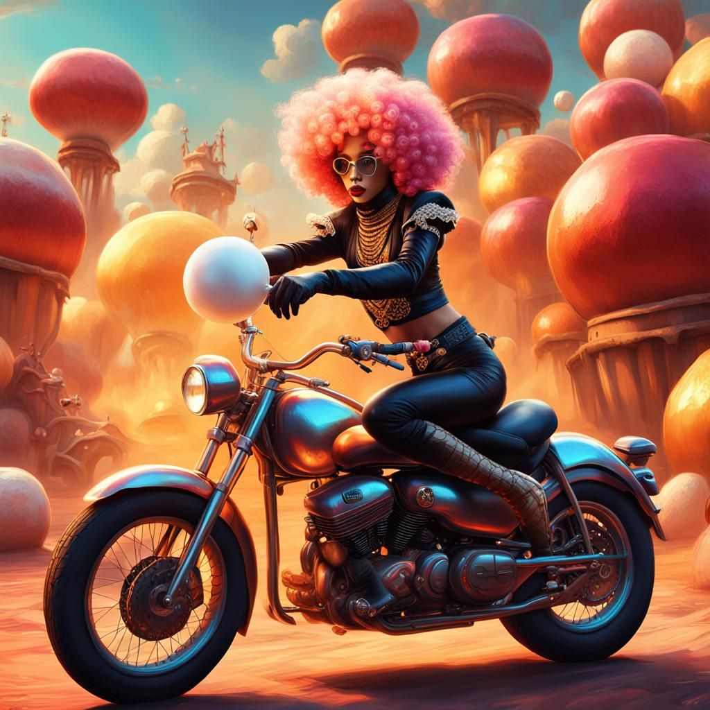 Arabian Dancer on Motorbike in Candyland, Digital Art