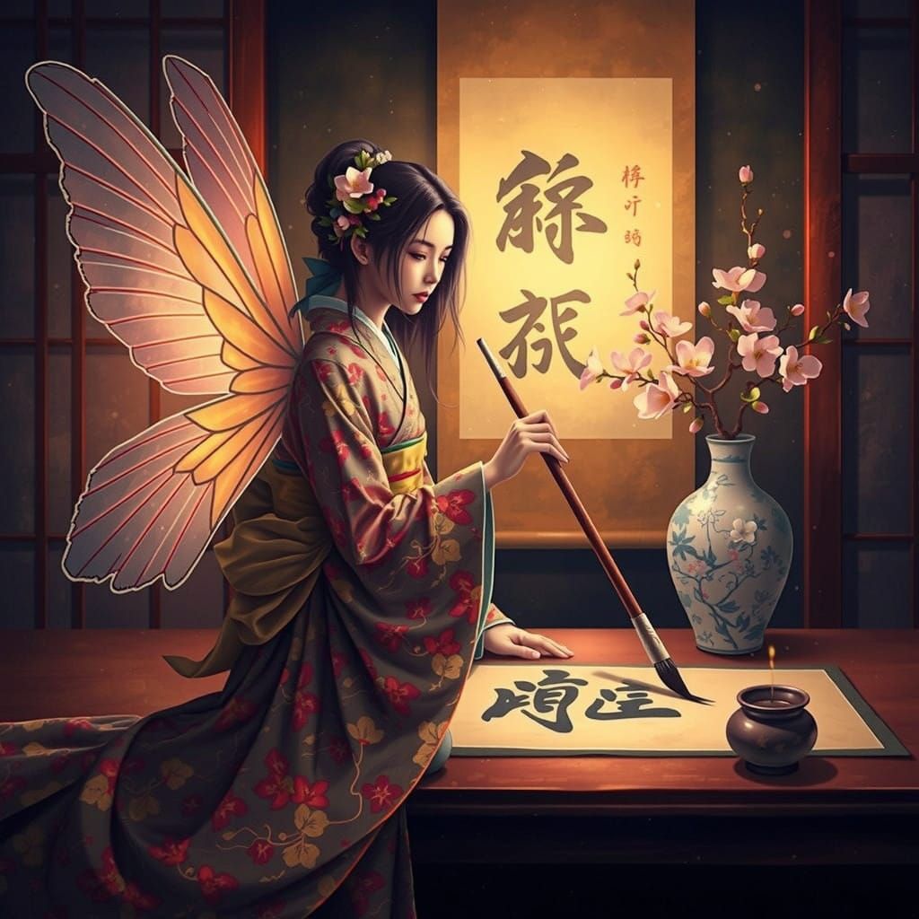 Ethereal Fairy Paints Japanese Characters in Blossoming Para...