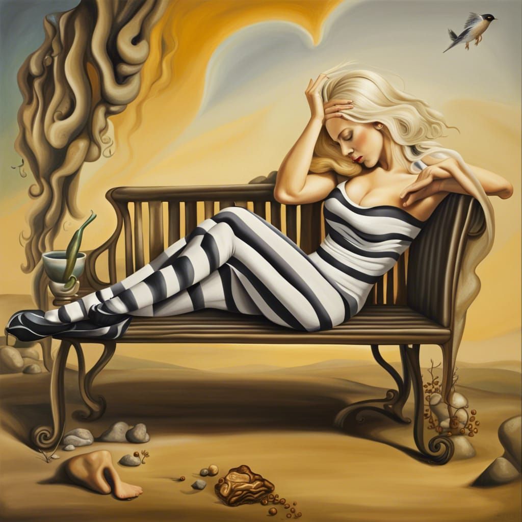 Blonde Woman in Striped Leggings: Surrealist Oil Painting