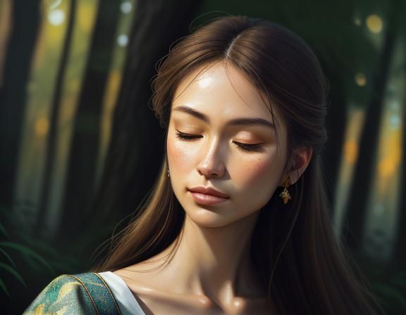 Serene Woman in Forest: Oil Painting Portrait